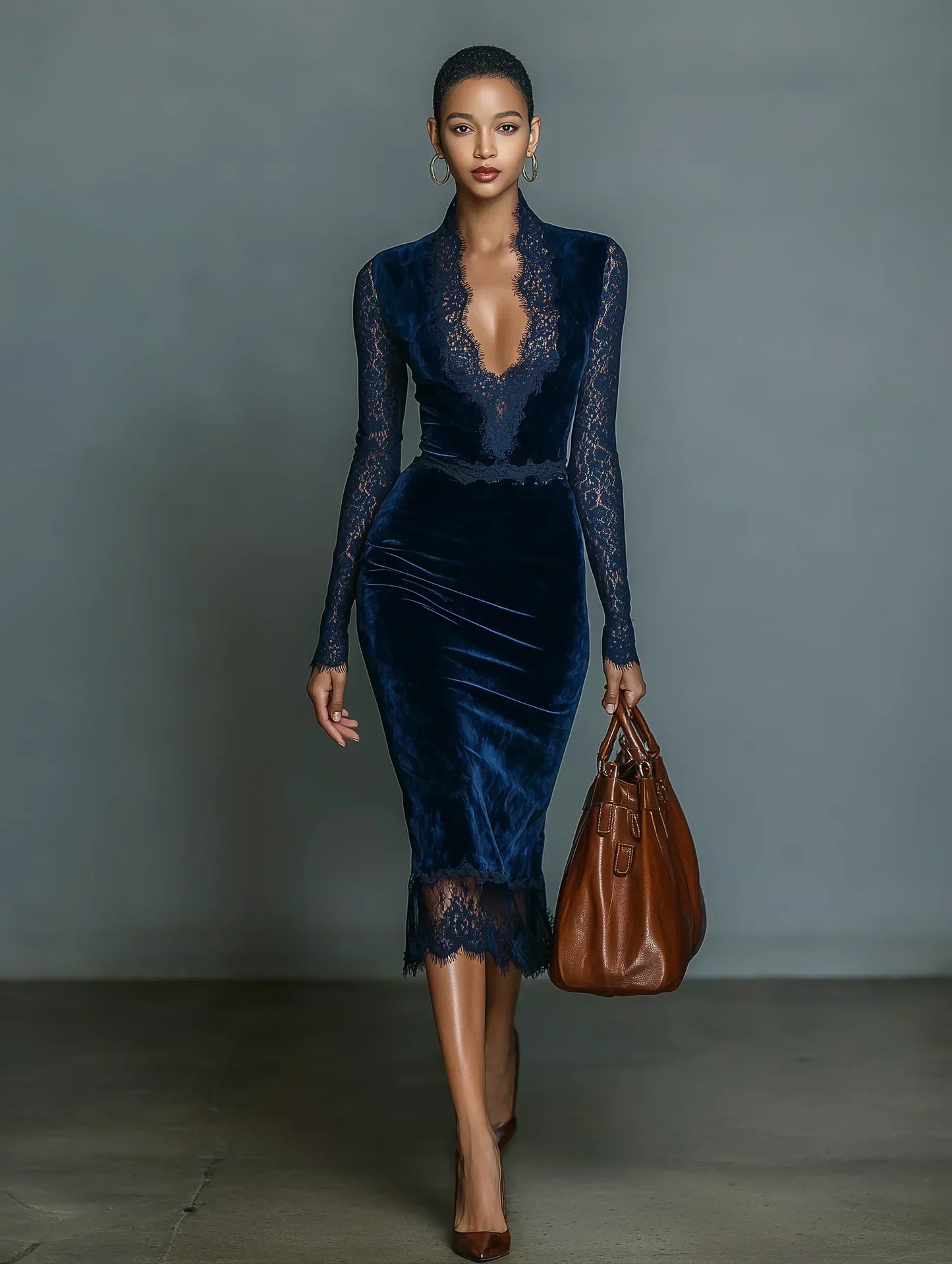 Beatrice – Robe Midi Velours Bleu Nuit & Dentelle