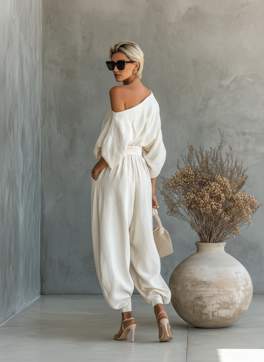 Paola – Ensemble Lin Épaule Dénudée Pantalon Fuselé