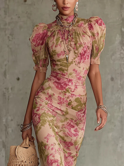 Robe Maxi à Imprimé Rose Vintage et Manches Bouffantes (Accessoires non inclus)