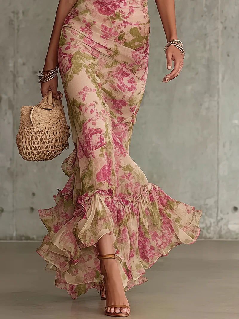 Robe Maxi à Imprimé Rose Vintage et Manches Bouffantes (Accessoires non inclus)