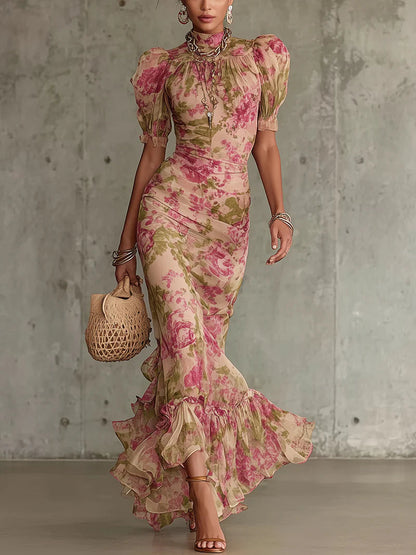 Robe Maxi à Imprimé Rose Vintage et Manches Bouffantes (Accessoires non inclus)