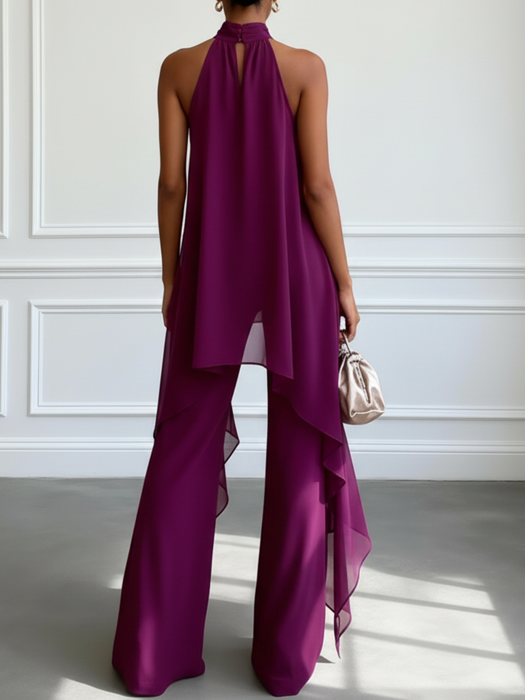 Top Élégant Sans Manches Violet avec Pantalon Ensemble Deux Pièces