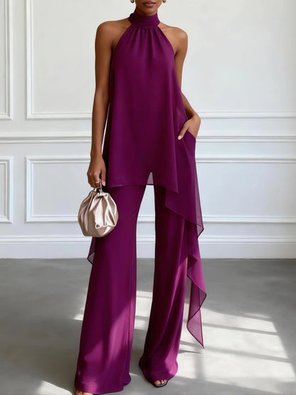 Top Élégant Sans Manches Violet avec Pantalon Ensemble Deux Pièces