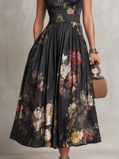 Robe Midi en Satin Plissé avec Col Trou de Serrure Noire