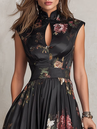 Robe Midi en Satin Plissé avec Col Trou de Serrure Noire