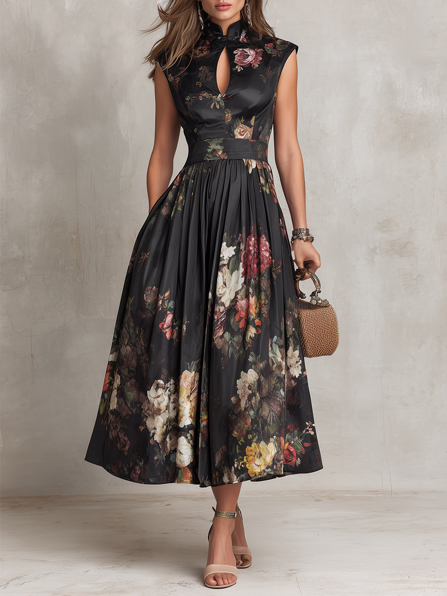 Robe Midi en Satin Plissé avec Col Trou de Serrure Noire