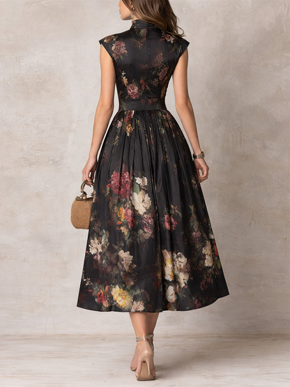 Robe Midi en Satin Plissé avec Col Trou de Serrure Noire