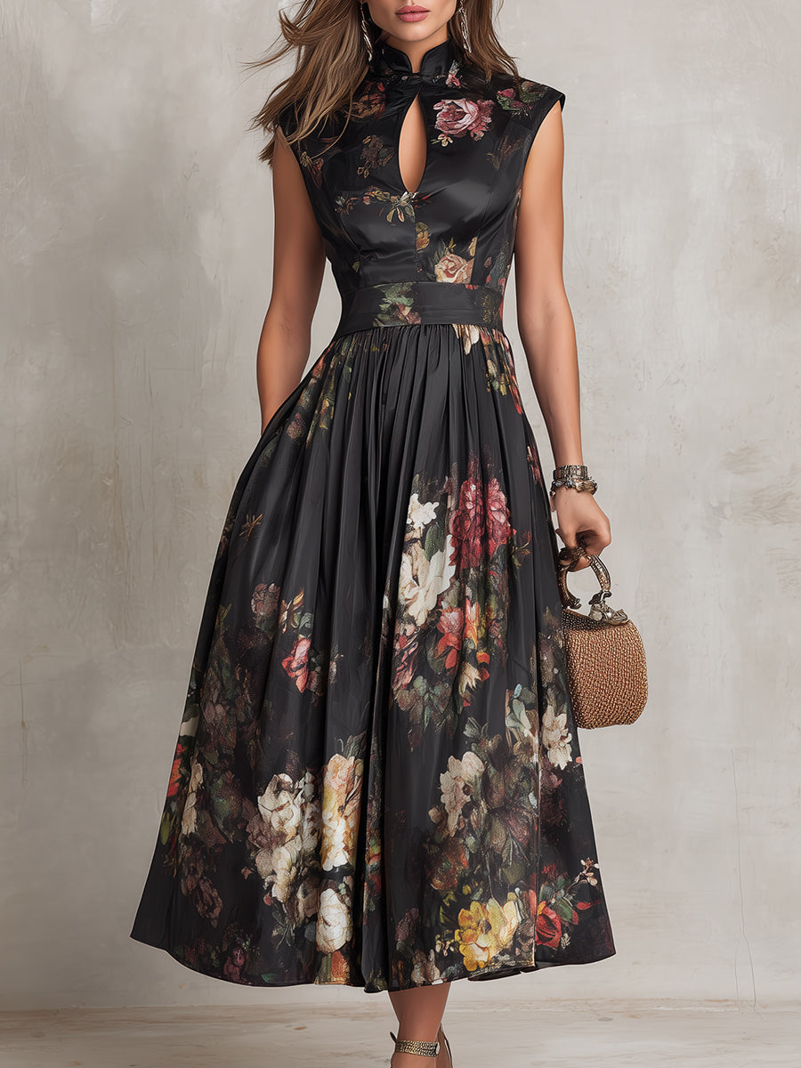 Robe Midi en Satin Plissé avec Col Trou de Serrure Noire