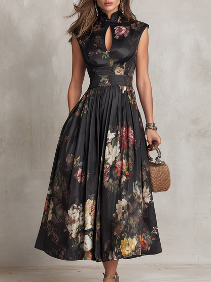 Robe Midi en Satin Plissé avec Col Trou de Serrure Noire