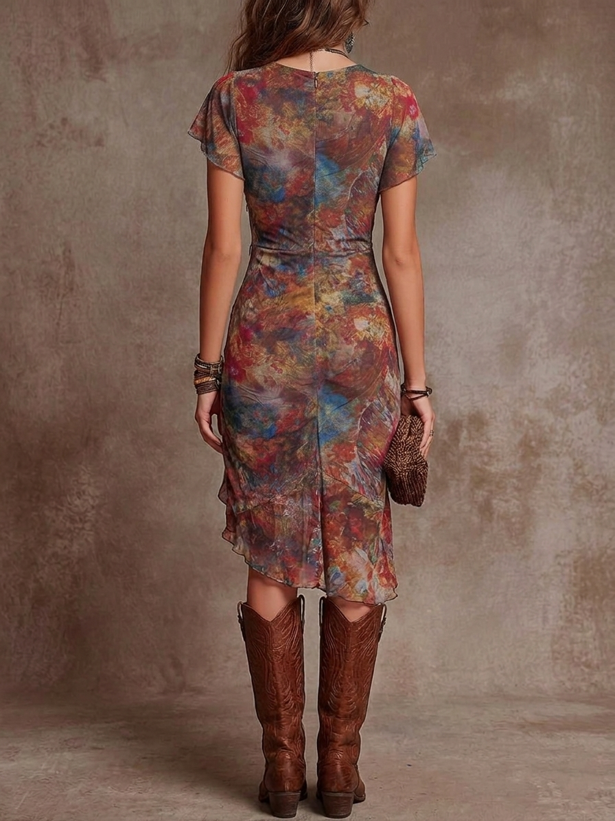 Robe Midi Plissée à Décolleté en V et Imprimé Abstrait Bohème