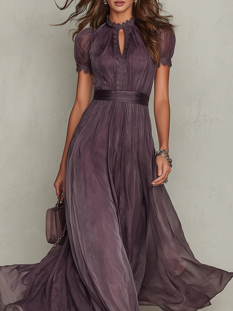 Robe Maxi en Mousseline avec Col Fente Violet