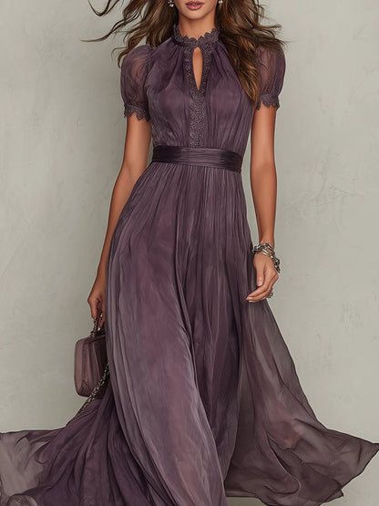 Robe Maxi en Mousseline avec Col Fente Violet