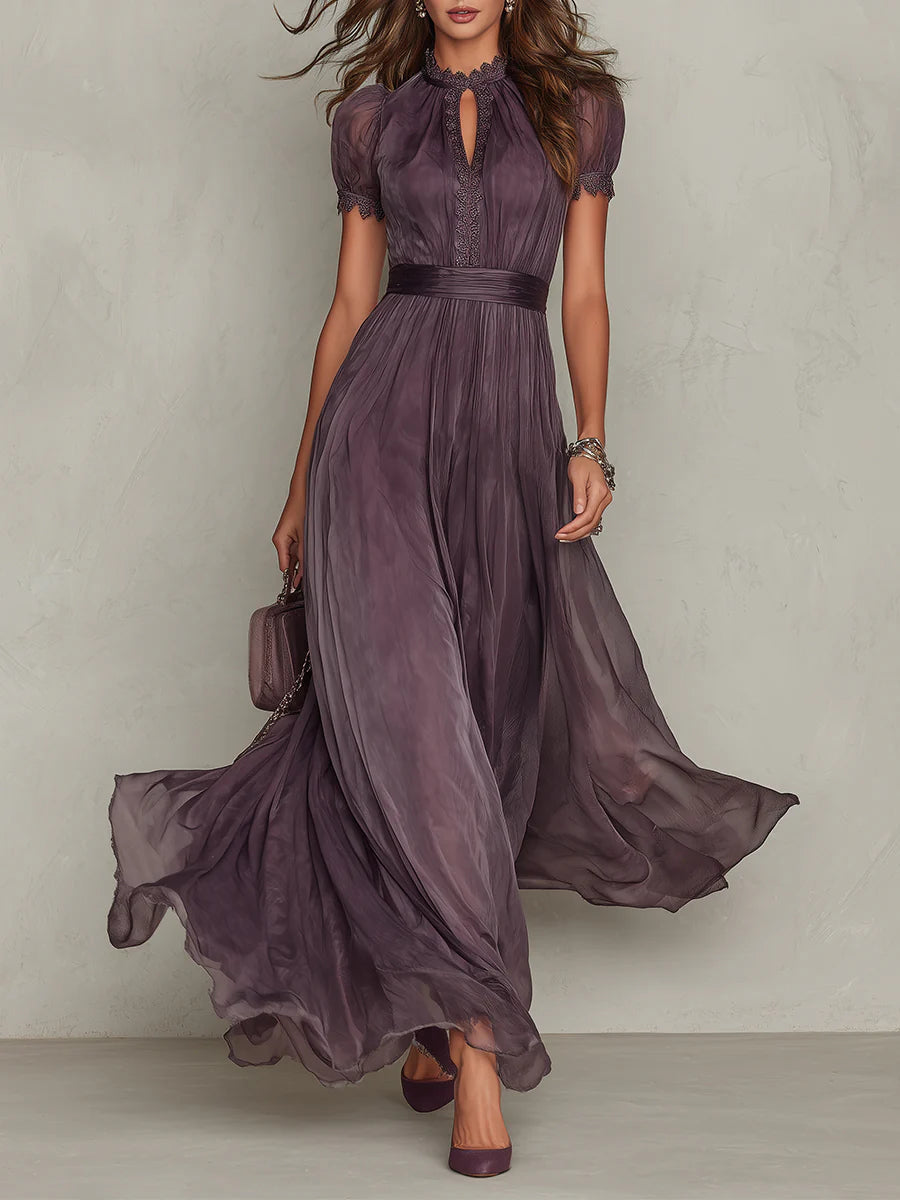 Robe Maxi en Mousseline avec Col Fente Violet