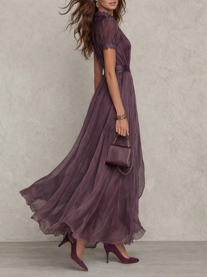 Robe Maxi en Mousseline avec Col Fente Violet