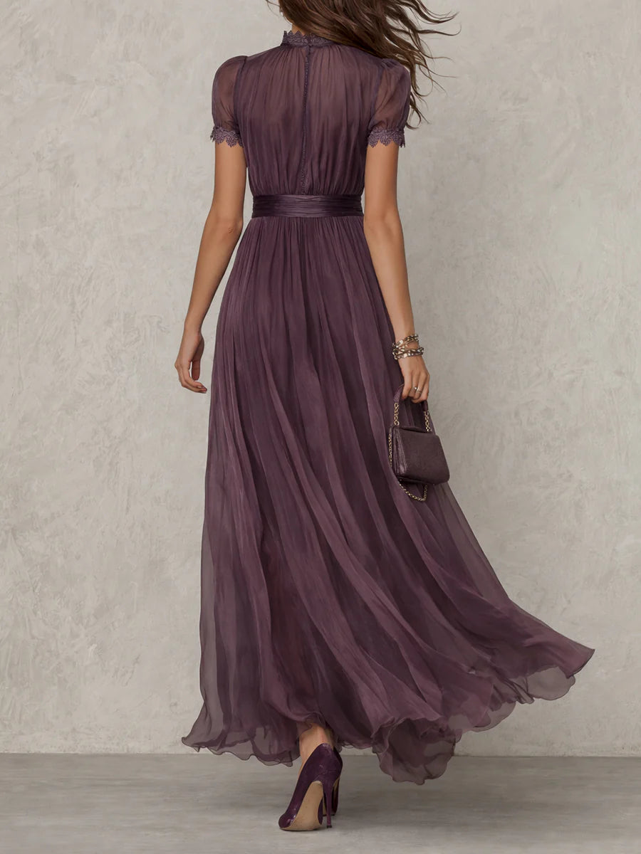 Robe Maxi en Mousseline avec Col Fente Violet
