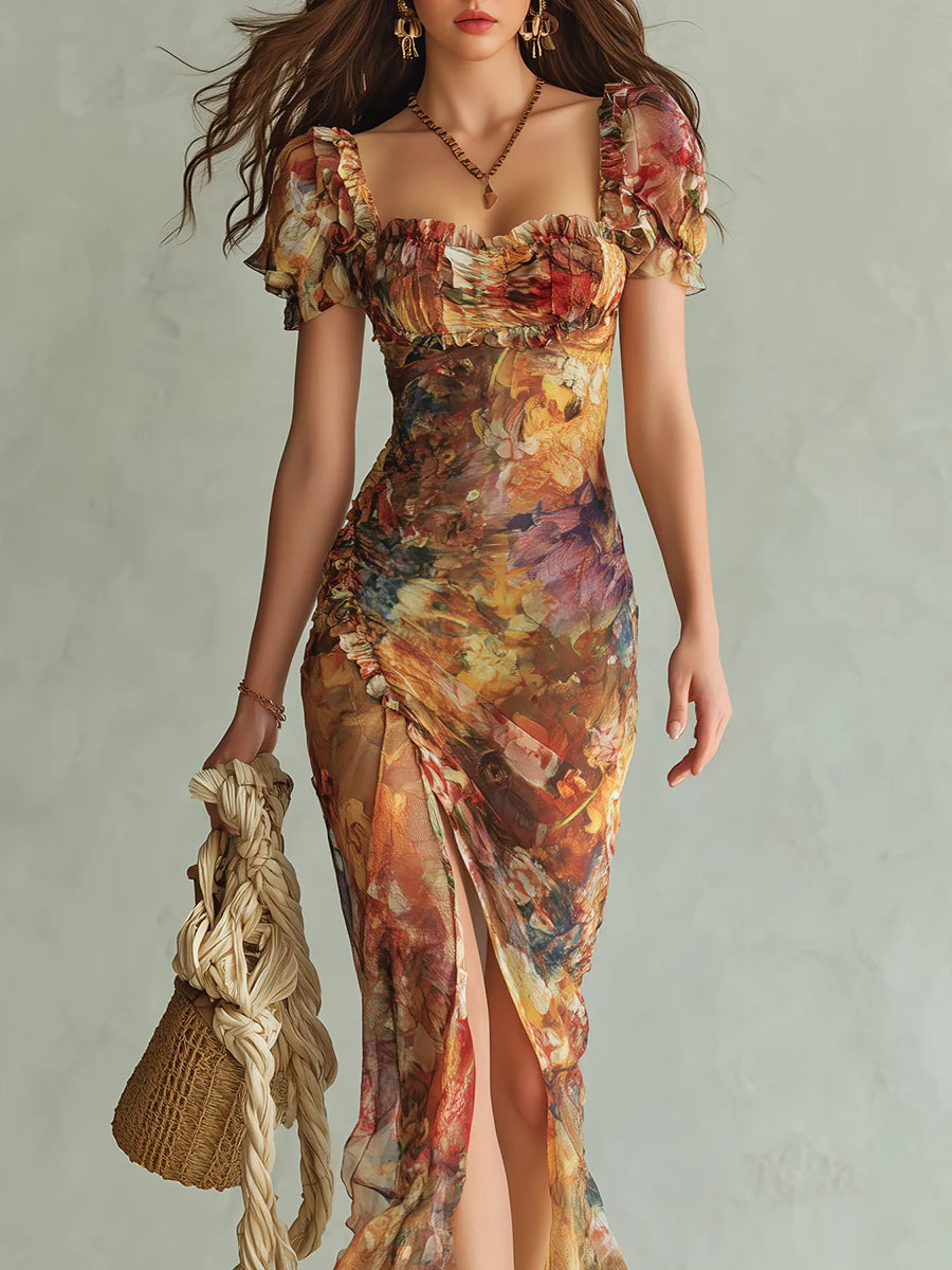 Robe Maxi en Mousseline Bohème Orange à Imprimé Peinture à l'Huile