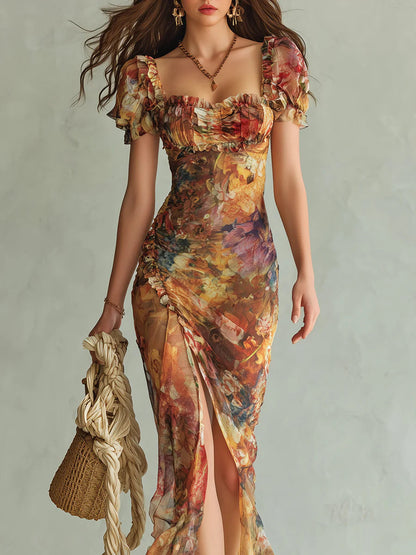 Robe Maxi en Mousseline Bohème Orange à Imprimé Peinture à l'Huile