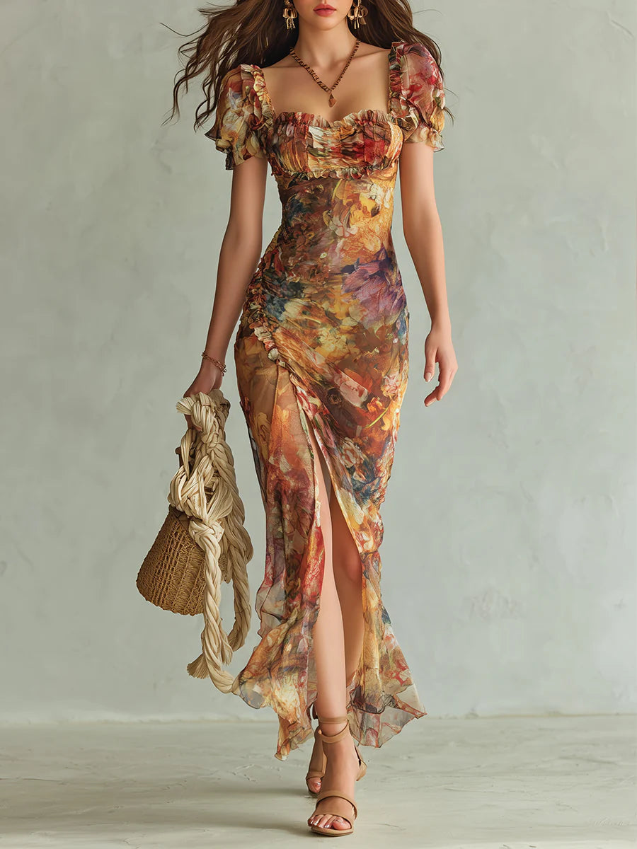 Robe Maxi en Mousseline Bohème Orange à Imprimé Peinture à l'Huile