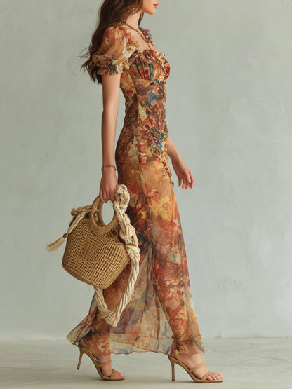 Robe Maxi en Mousseline Bohème Orange à Imprimé Peinture à l'Huile