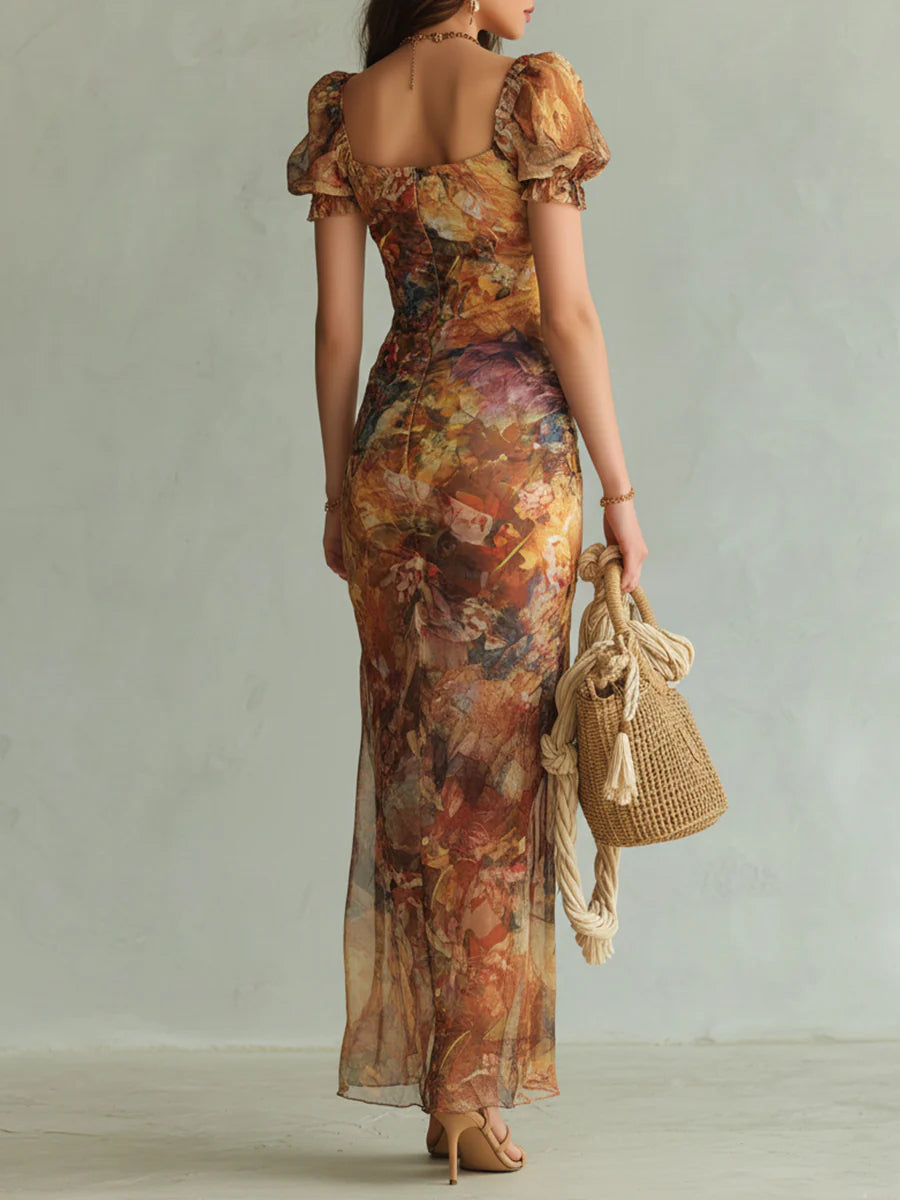 Robe Maxi en Mousseline Bohème Orange à Imprimé Peinture à l'Huile