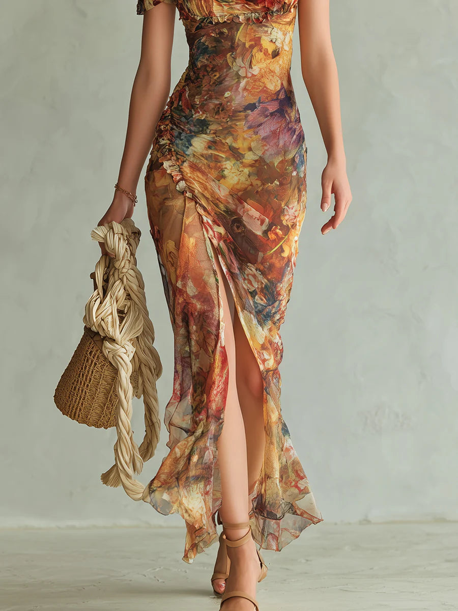Robe Maxi en Mousseline Bohème Orange à Imprimé Peinture à l'Huile