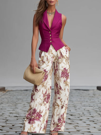 Gilet Sans Manches Rose et Pantalon Large Imprimé Floral