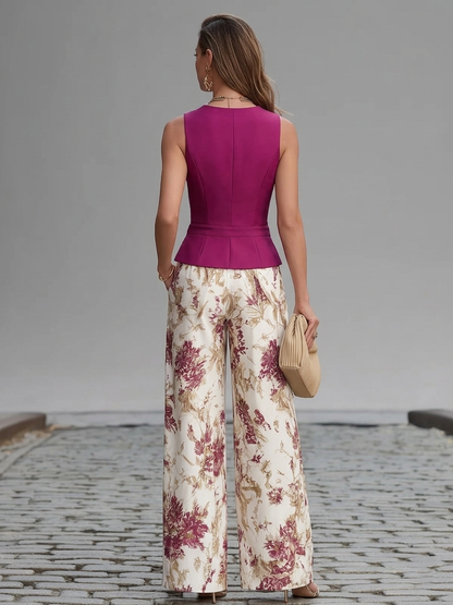 Gilet Sans Manches Rose et Pantalon Large Imprimé Floral