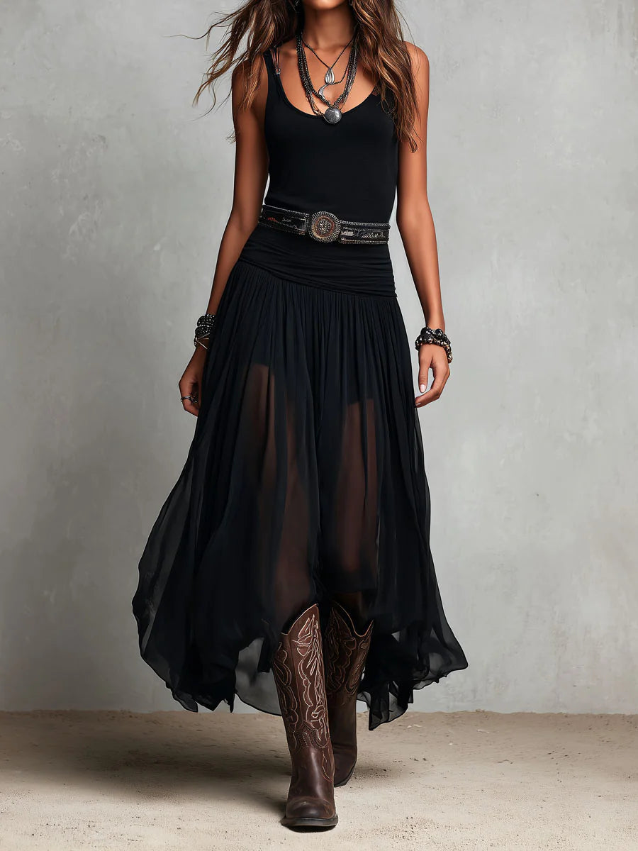 Top Sans Manches Noir avec Jupe en Tulle Maxi (avec Ceinture)