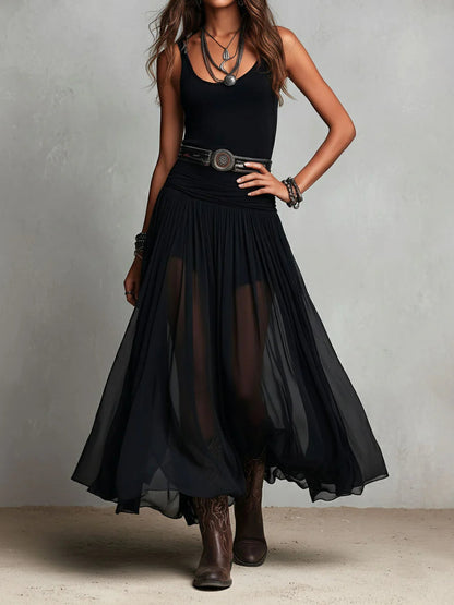 Top Sans Manches Noir avec Jupe en Tulle Maxi (avec Ceinture)