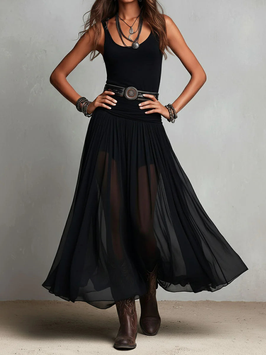 Top Sans Manches Noir avec Jupe en Tulle Maxi (avec Ceinture)