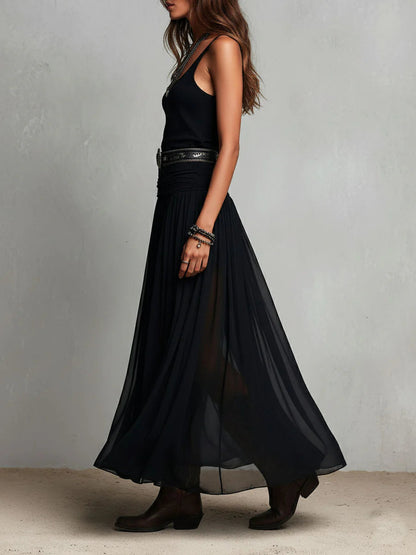 Top Sans Manches Noir avec Jupe en Tulle Maxi (avec Ceinture)