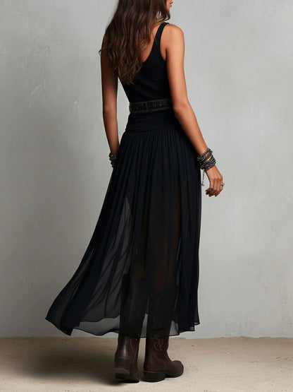 Top Sans Manches Noir avec Jupe en Tulle Maxi (avec Ceinture)