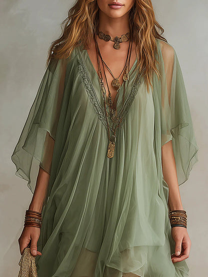 Robe Mini Flottante en Mousseline Verte à Décolleté en V