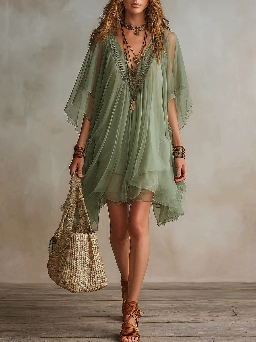 Robe Mini Flottante en Mousseline Verte à Décolleté en V