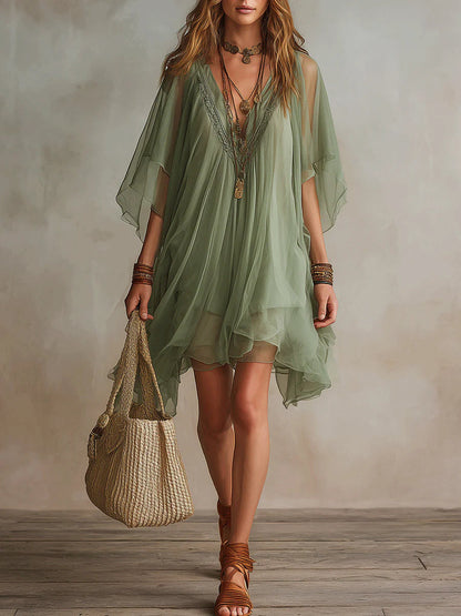 Robe Mini Flottante en Mousseline Verte à Décolleté en V