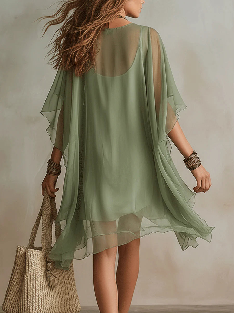 Robe Mini Flottante en Mousseline Verte à Décolleté en V