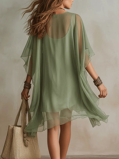 Robe Mini Flottante en Mousseline Verte à Décolleté en V