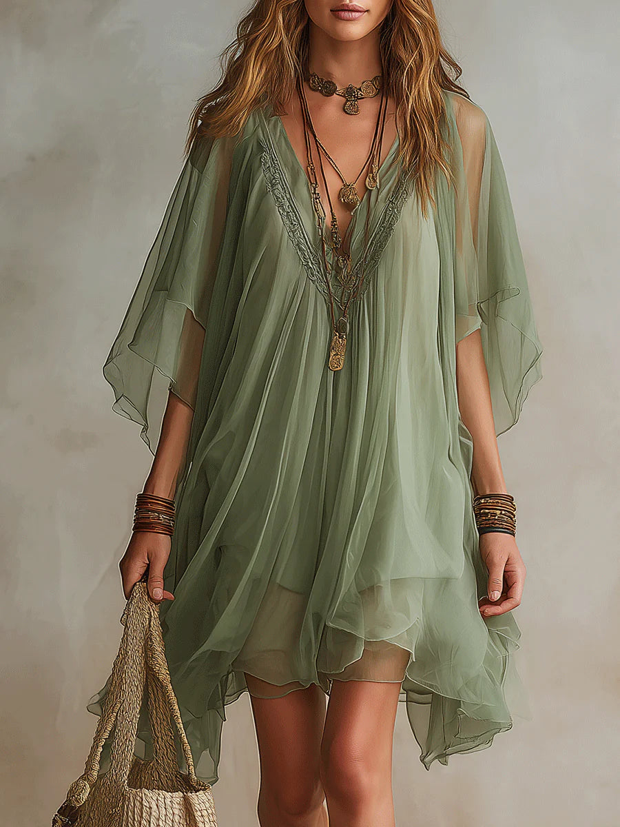 Robe Mini Flottante en Mousseline Verte à Décolleté en V