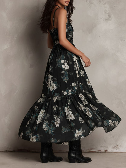 Robe Maxi Sans Bretelles Irrégulière à Imprimé Floral Bohème Noire