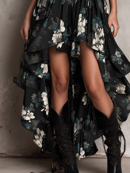 Robe Maxi Sans Bretelles Irrégulière à Imprimé Floral Bohème Noire