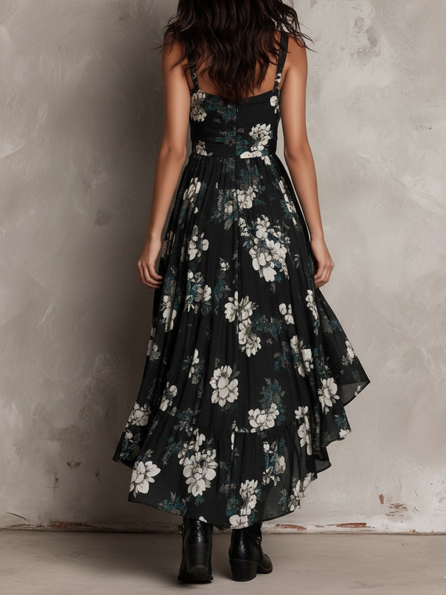 Robe Maxi Sans Bretelles Irrégulière à Imprimé Floral Bohème Noire