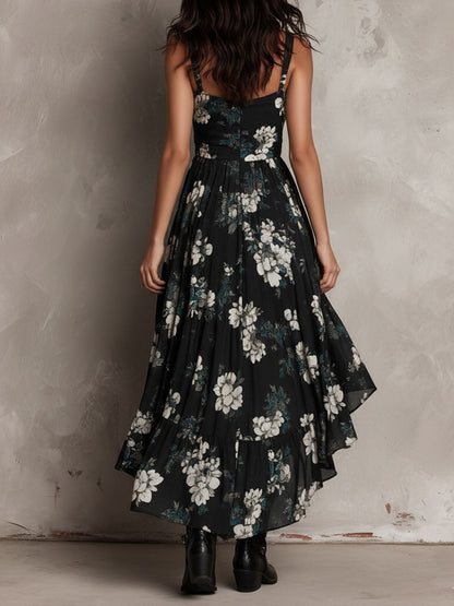 Robe Maxi Sans Bretelles Irrégulière à Imprimé Floral Bohème Noire