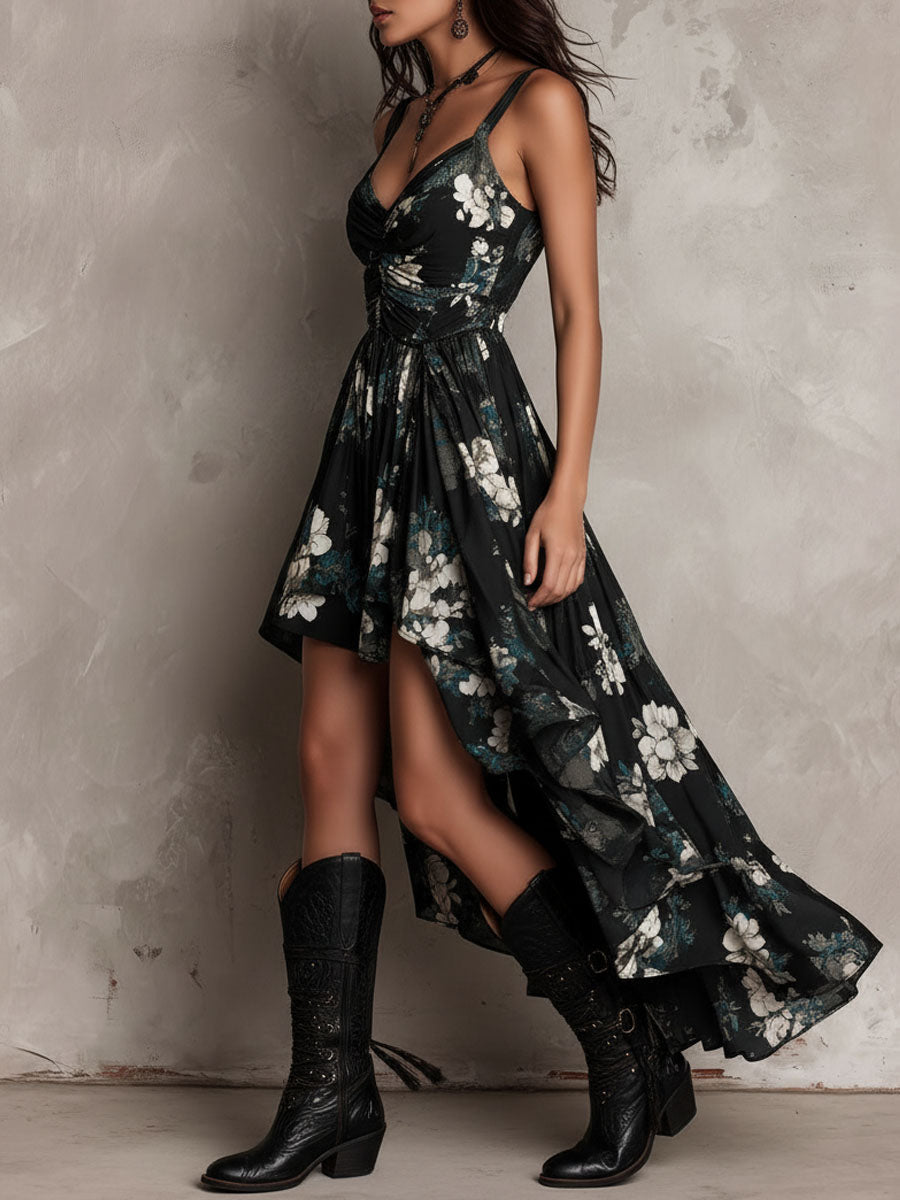 Robe Maxi Sans Bretelles Irrégulière à Imprimé Floral Bohème Noire