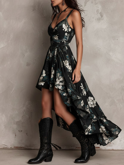 Robe Maxi Sans Bretelles Irrégulière à Imprimé Floral Bohème Noire