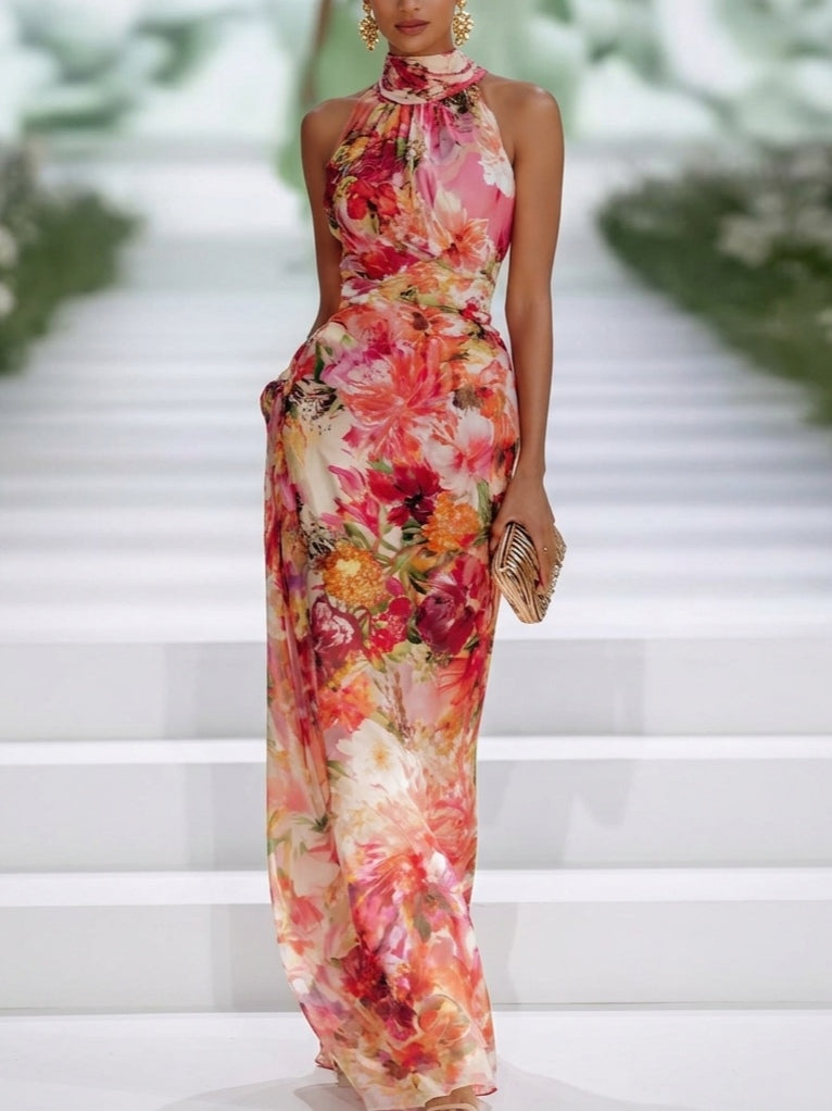 Robe Maxi Rouge Sans Manches en Mousseline à Col Halter
