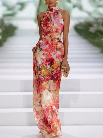 Robe Maxi Rouge Sans Manches en Mousseline à Col Halter