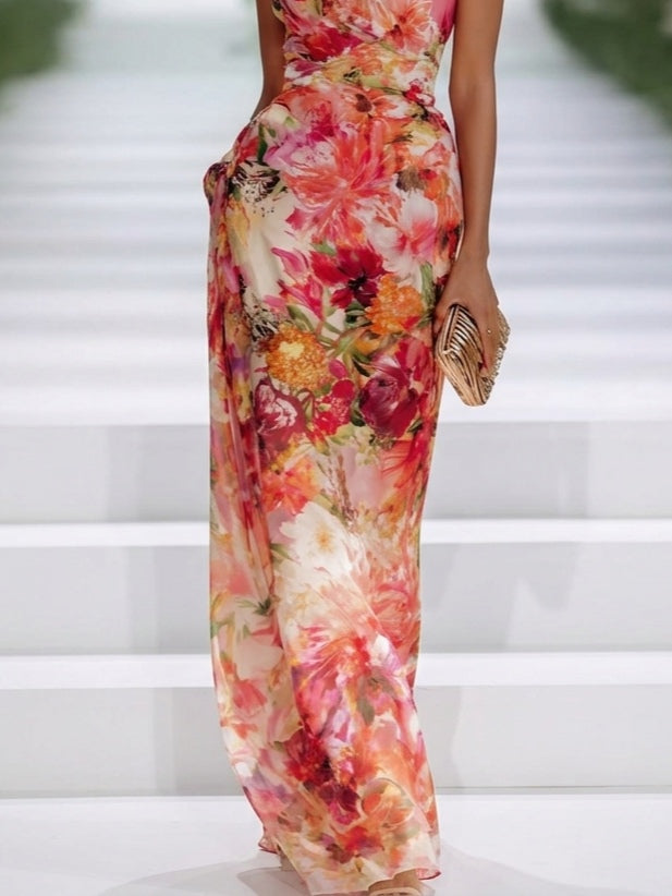 Robe Maxi Rouge Sans Manches en Mousseline à Col Halter