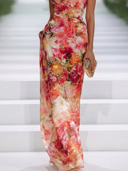Robe Maxi Rouge Sans Manches en Mousseline à Col Halter