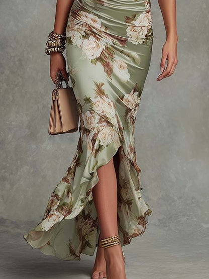 Robe Maxi Asymétrique en Satin Vert à Fleurs avec Manches Cloche à Volants et Décolleté en V
