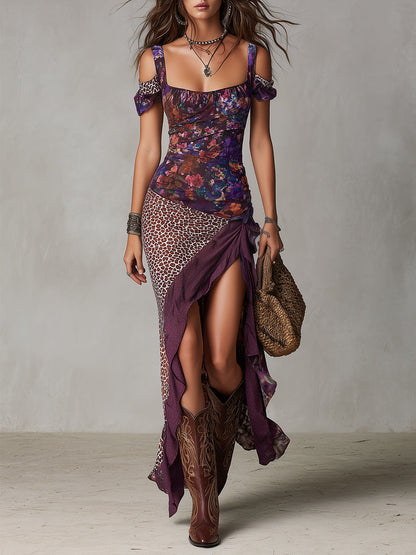 Robe Maxi Style Urbain Nomade à Imprimé Léopard et Fleurs Col Haut